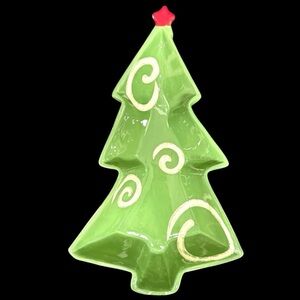 Foreside Green Christmas Tree Dish Ceramic Green/White Swirls EUC